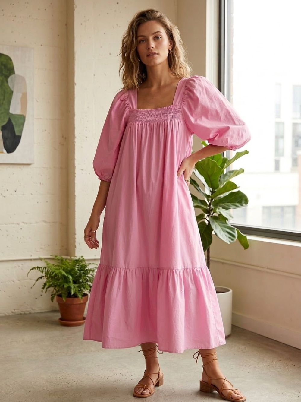 H&M Pink Square-Neck Puff-Sleeve Midi Dress